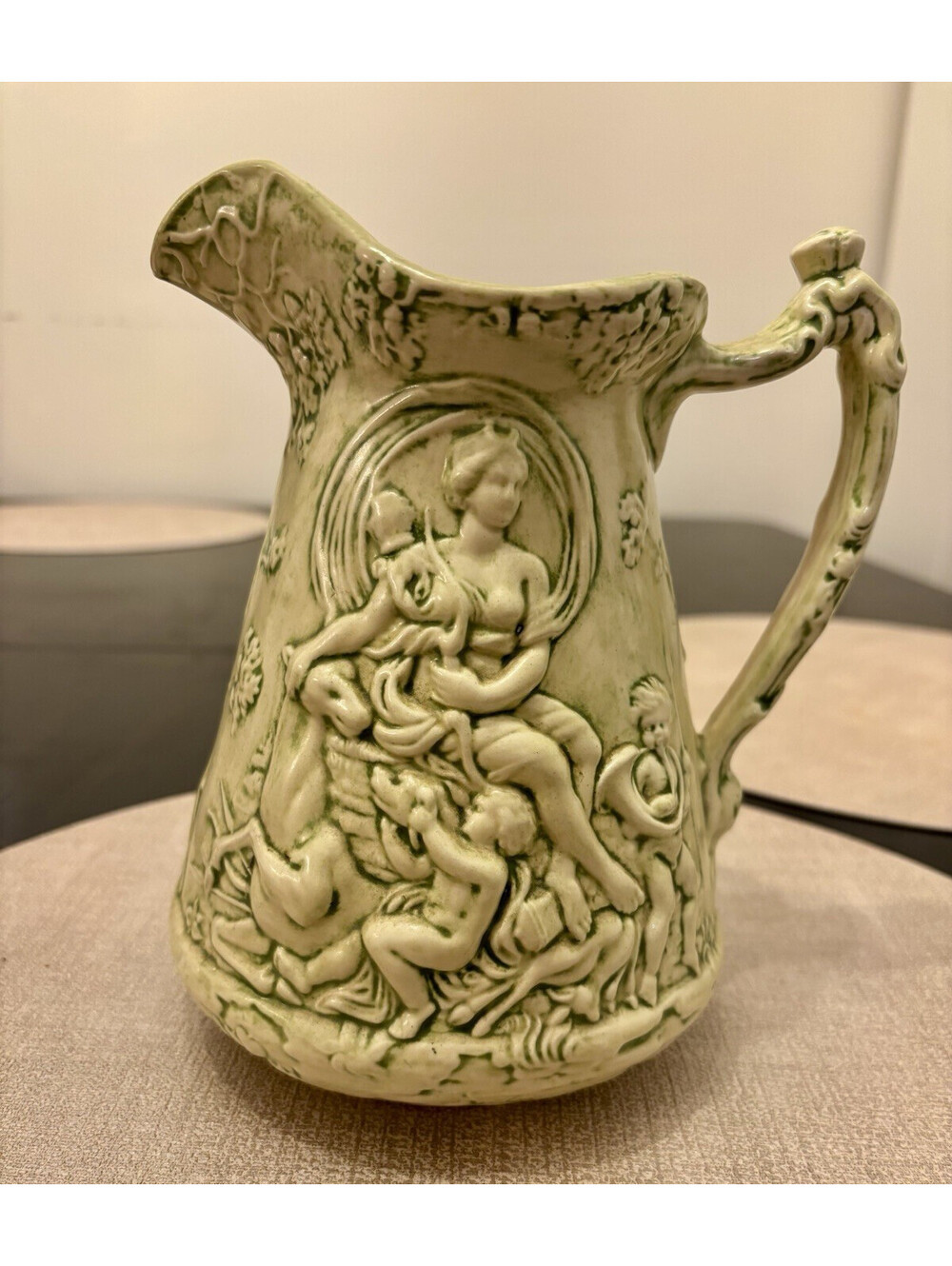 VTG Duncan Ceramic Pitcher Goddess Diana Cherubs Stag Raised Relief Fairygoth 8"